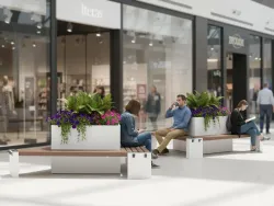 Isola triangolare con panche e fioriere