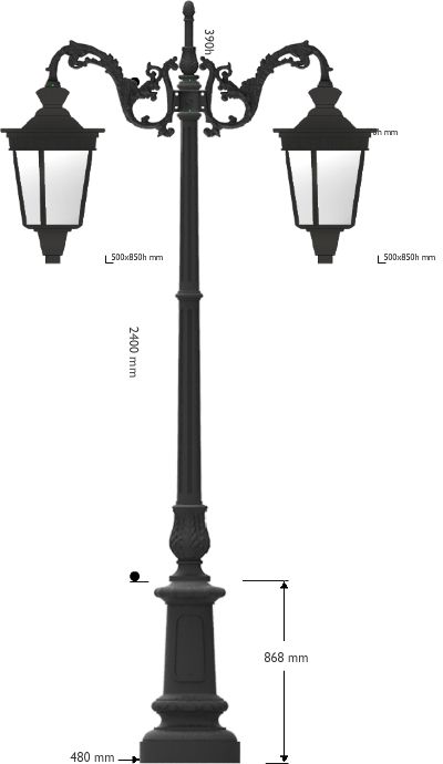 Palo artistico in ghisa con cima doppia e due lanterne Campidoglio predisposte per lampada E27