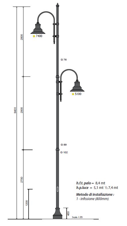 Palo h.f.t. 7,5 con base 326 , e due lampare sfalsate hpl 5m e 7,4m 