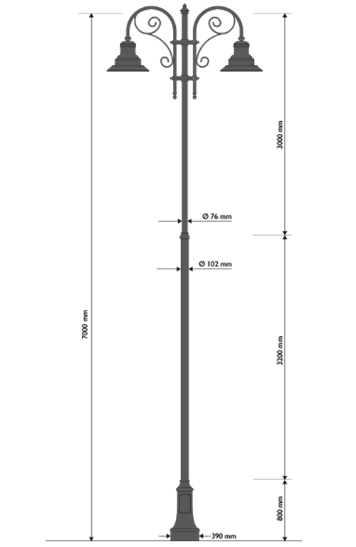 Palo in ghisa e acciaio tipo Kemonia con base 311 cima con pastorale doppia 506 e lampara cod.622