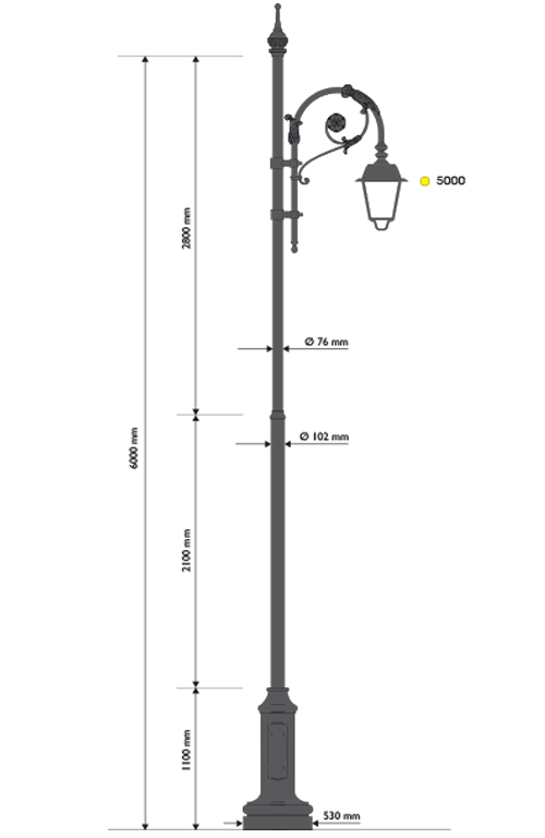 Palo in ghisa e acciaio tipo Favara con base 317 cima con pastorale 503.1 e lanterna 602