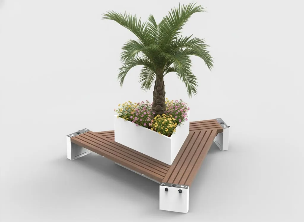 Isola triangolare con panche e fioriere