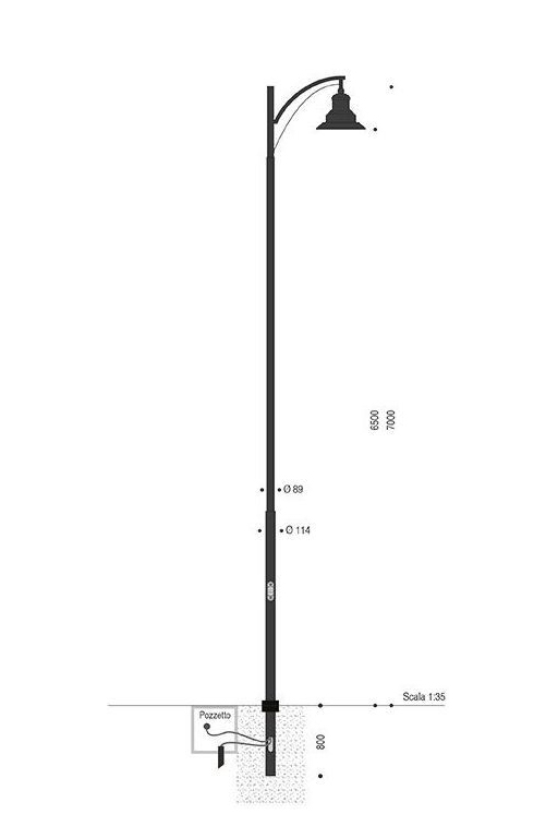 Palo INNER in acciaio con braccio con doppio arco e lampara Regina