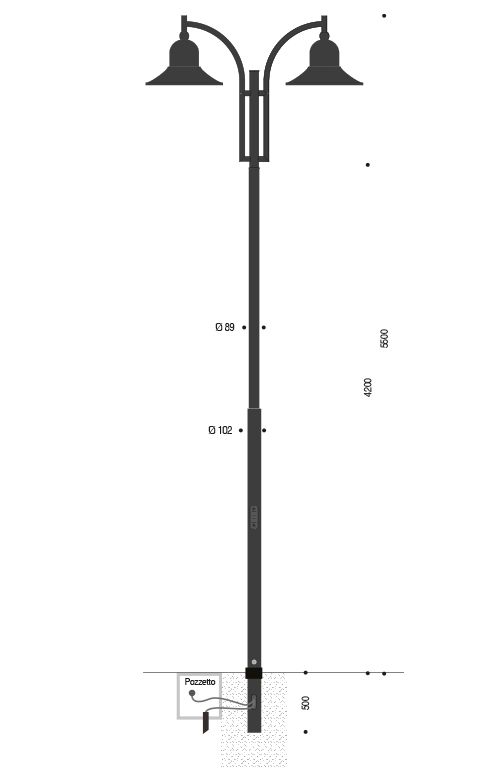 Palo INNER in acciaio con braccio doppio curvato e lampare 630