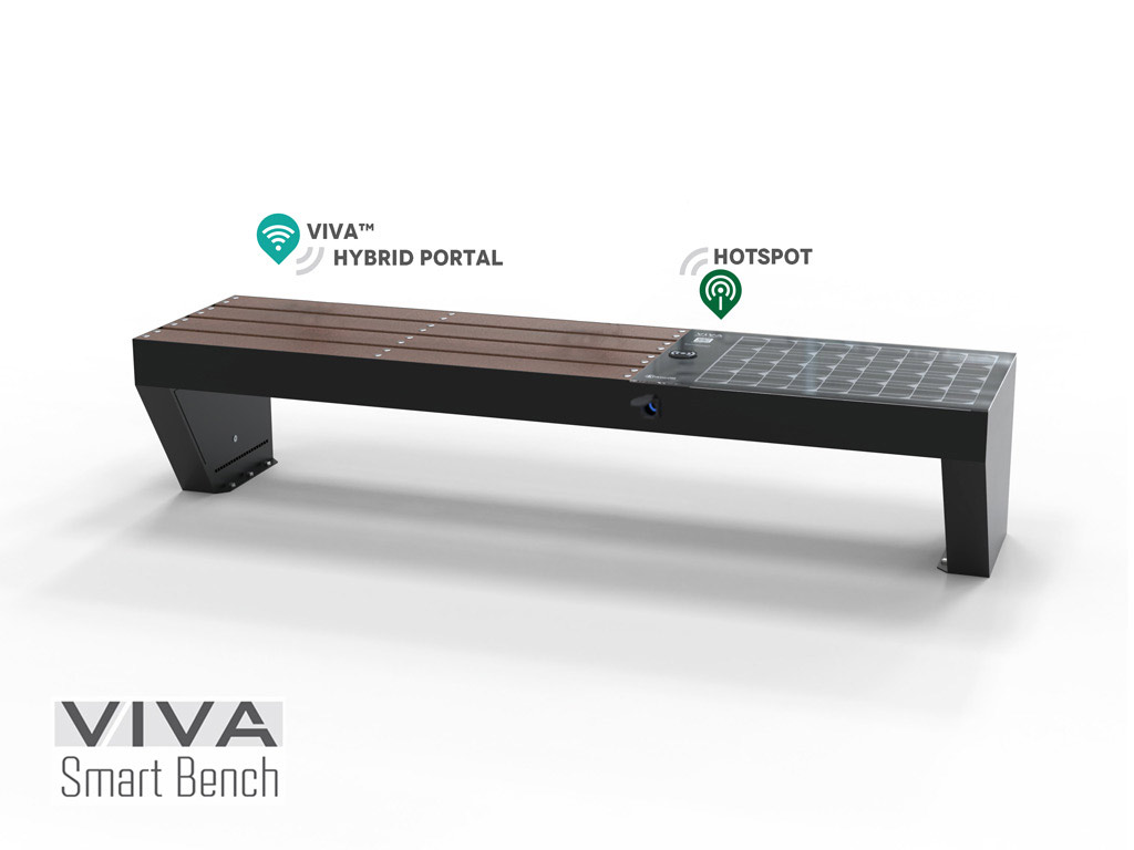 Panchina Smart VIVA SMART ad Energia Solare ricarica Intelligente IOT ready, seduta in plastica riciclata 2,1 mt senza schienale ricarica dispositivi WIRELESS USB illuminazione LED 