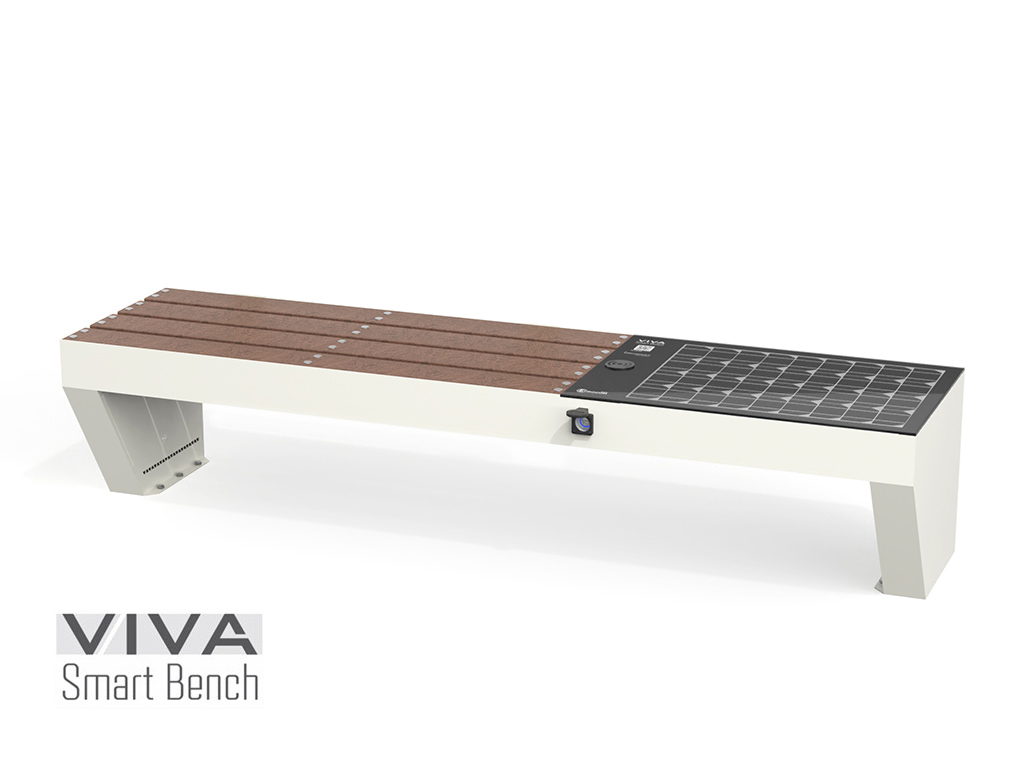 Panchina Smart VIVA SMART ad Energia Solare ricarica Intelligente IOT ready, seduta in plastica riciclata 2,1 mt senza schienale ricarica dispositivi WIRELESS USB illuminazione LED 