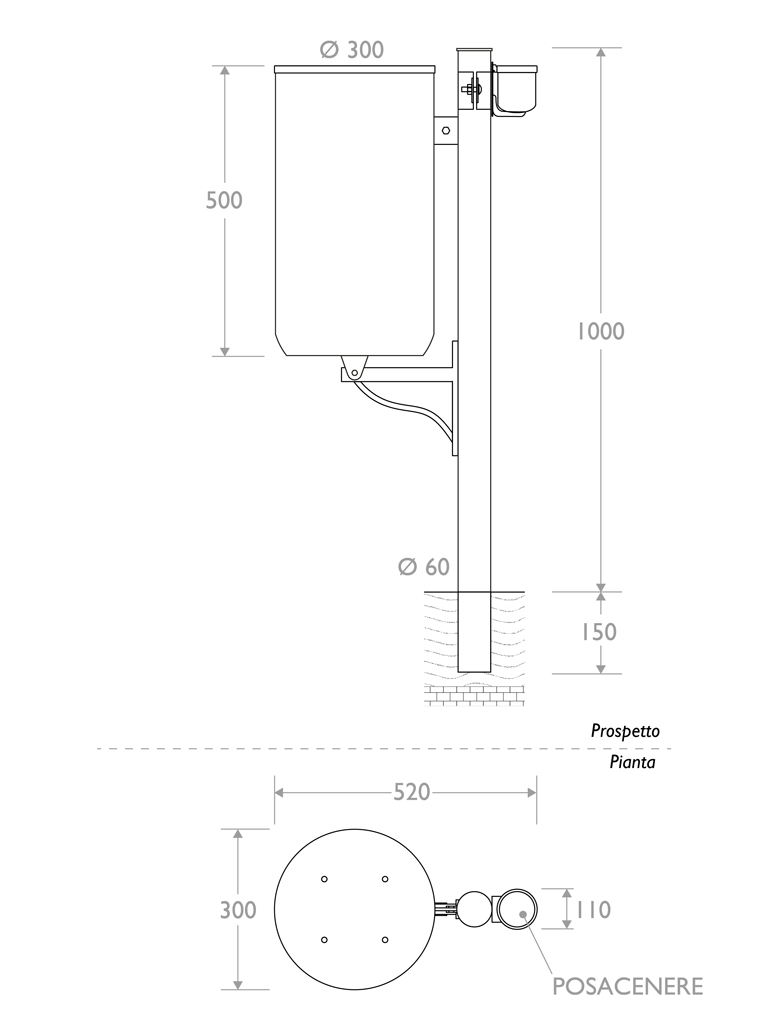 Misure Cestino Marinetti con posacenere piccolo