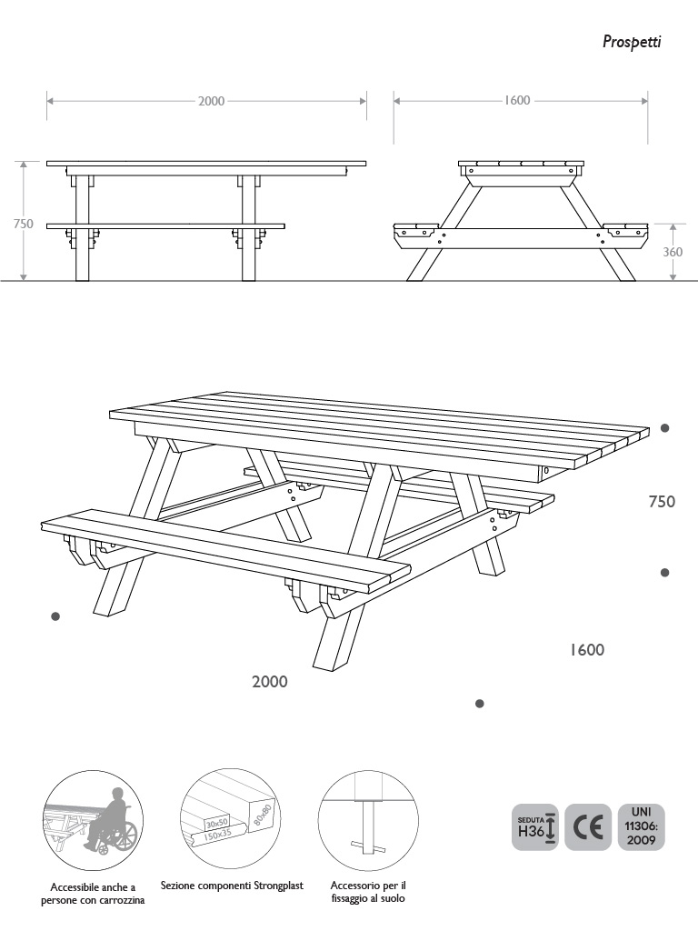 Prospetti e vista 3D panca picnic accessibile in Strongplast
