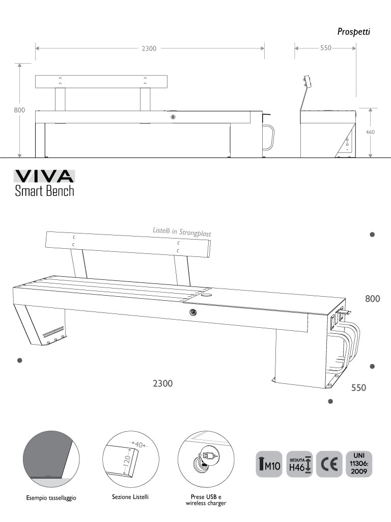 VIVA Smart e cicle smart bench for urban mobility dimension